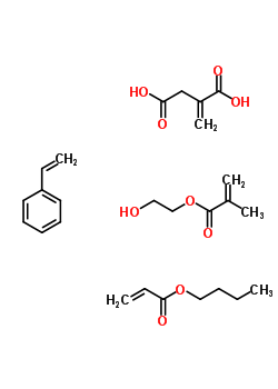 Methylene-butanedioic acid polymer with butyl 2-propenoate, ethenylbenzene and 2-hydroxyethyl 2-methyl-2-propenoateStructure,25119-70-4Structure Methylene-butanedioic acid polymer with butyl 2-propenoate, ethenylbenzene and 2-hydroxyethyl 2-methyl-2-propenoate Structure,25119-70-4Structure